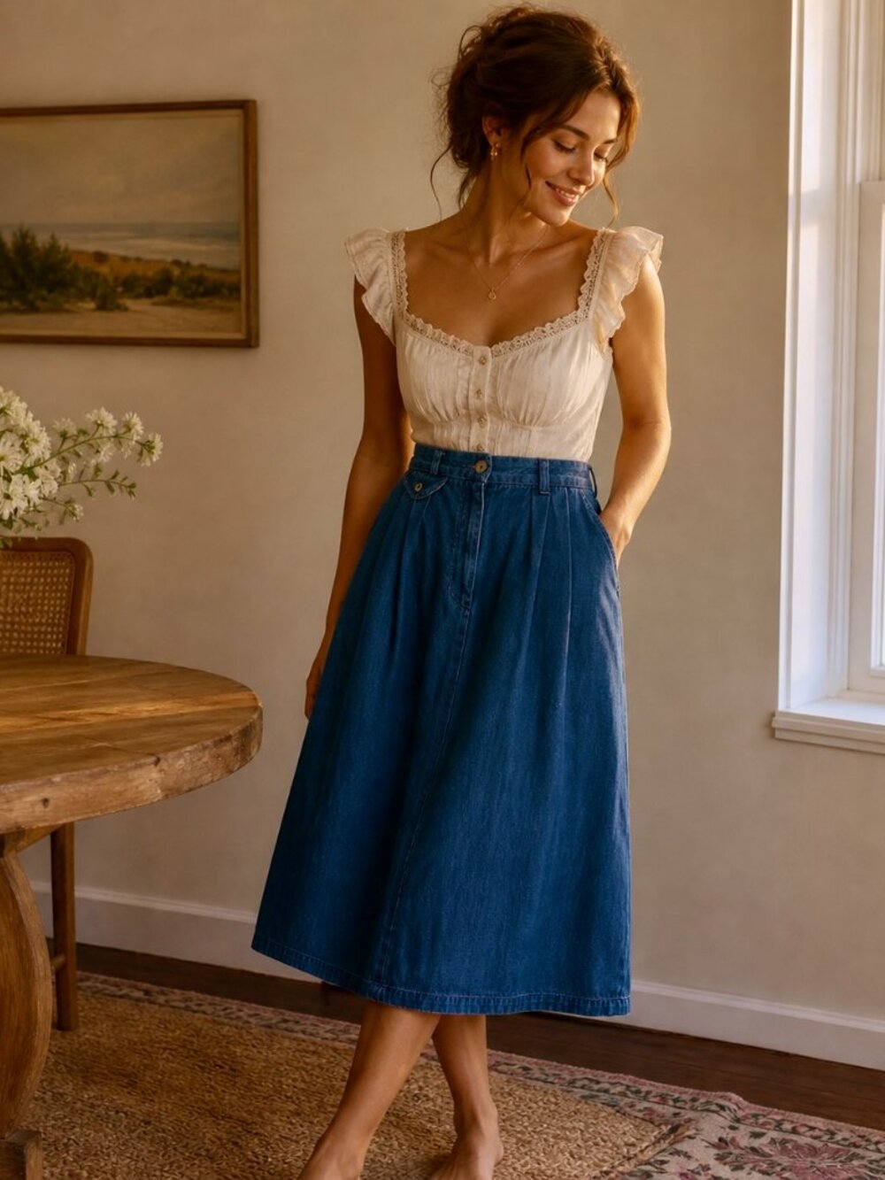 Vintage 90s Lands End Denim Midi Skirt 100% Cotton USA